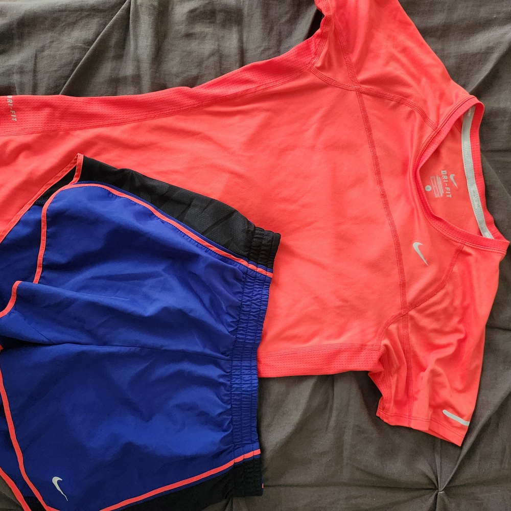 Nike Coral Top and Blue Athletic Shorts Set